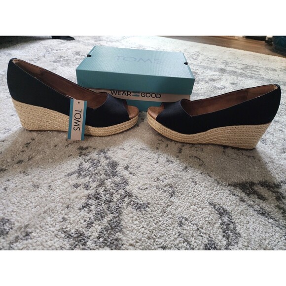 Toms Womens Rania Black Beige Peep Toe Slip-On Espadrille Sandals Size 8 w/ Tags - Picture 2 of 9